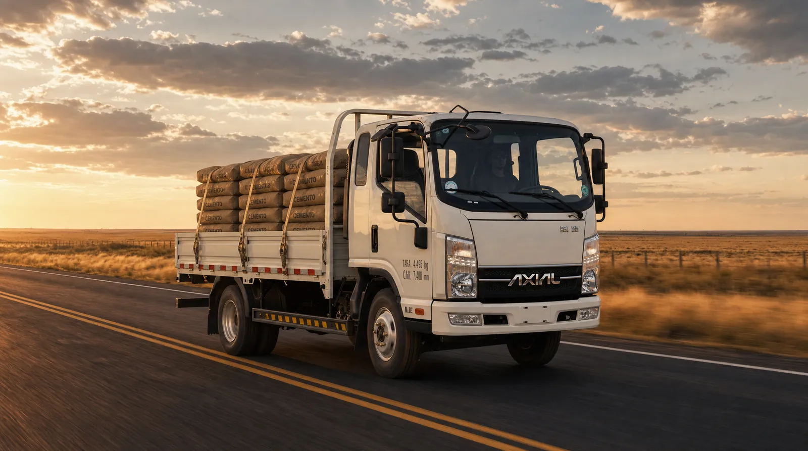 Camión AXIAL M1 Series blanco con carga en ruta al atardecer
